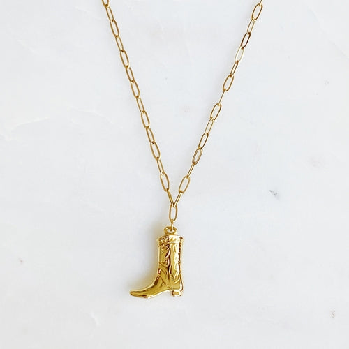 Golden Cowgirl Boot Necklace Tarnish and Water Resistant